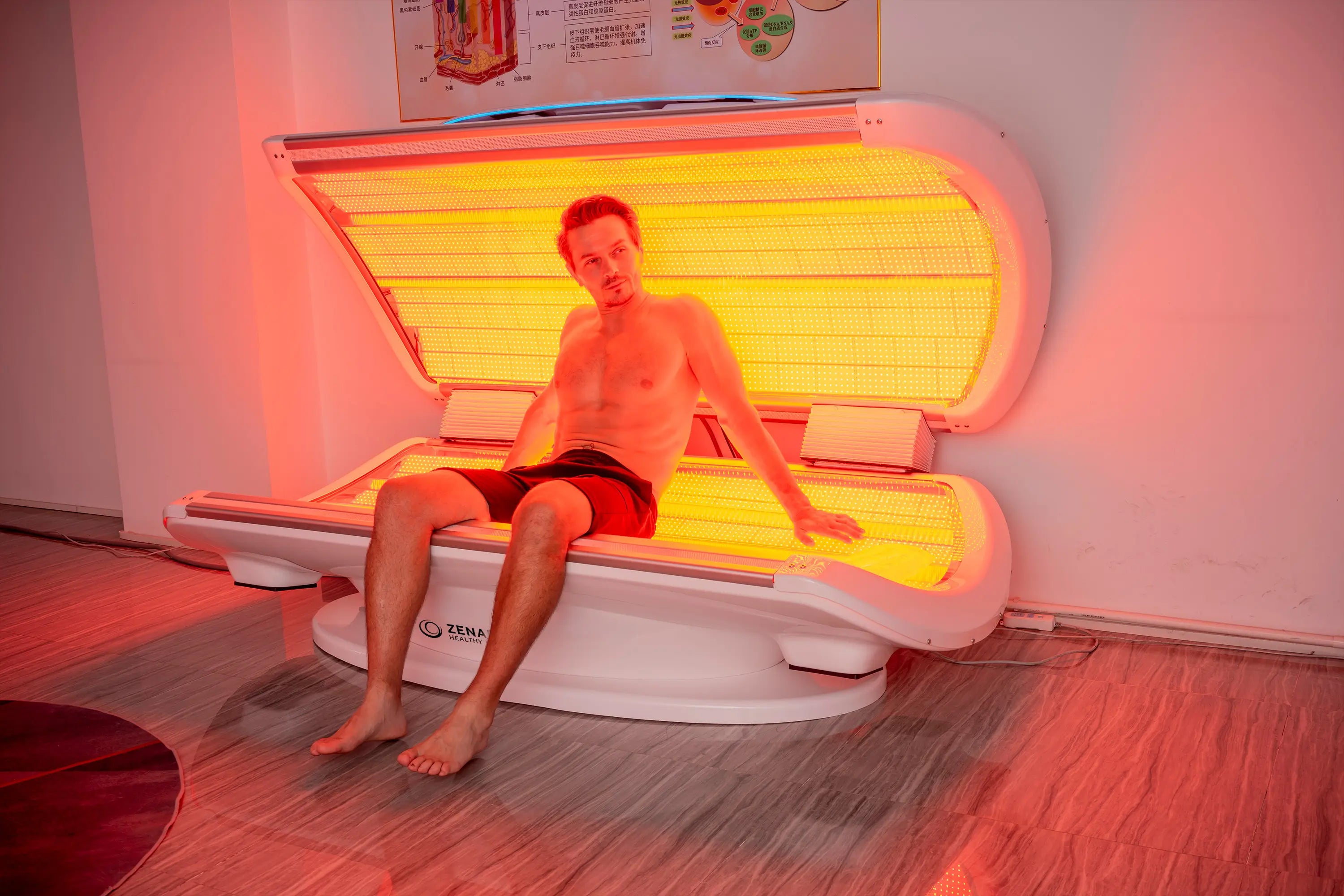 MaxiLUX Red Light Therapy Bed during a session, showing full-body red and near infrared light therapy for skin rejuvenation, pain relief, and muscle recovery.