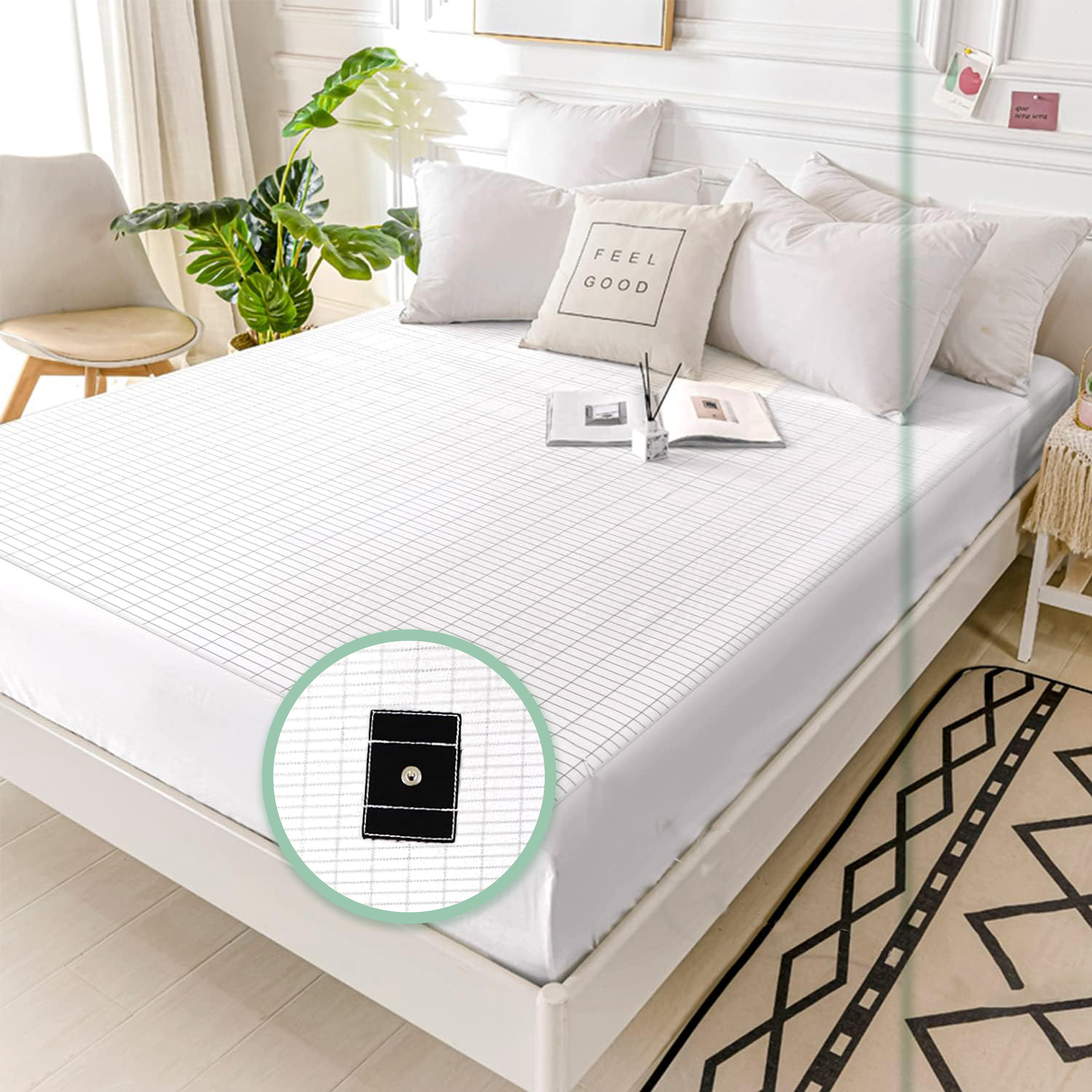 Zenapura Grounding Sheet made from organic cotton with silver thread shown on a modern bed, designed for earthi grounding bed sheets, EMF protection, and improved sleep quality.