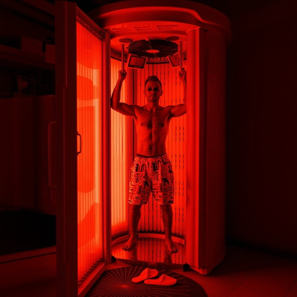 Man using Zenapura professional red light therapy stand-up machine for full-body recovery, muscle relaxation, and red light therapy for skin rejuvenation.