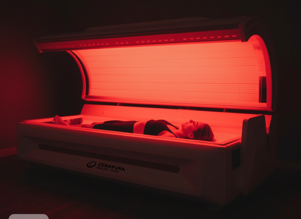 Woman sleeping in Zenapura professional red light therapy bed for rejuvenation, recovery, and skin health treatment.